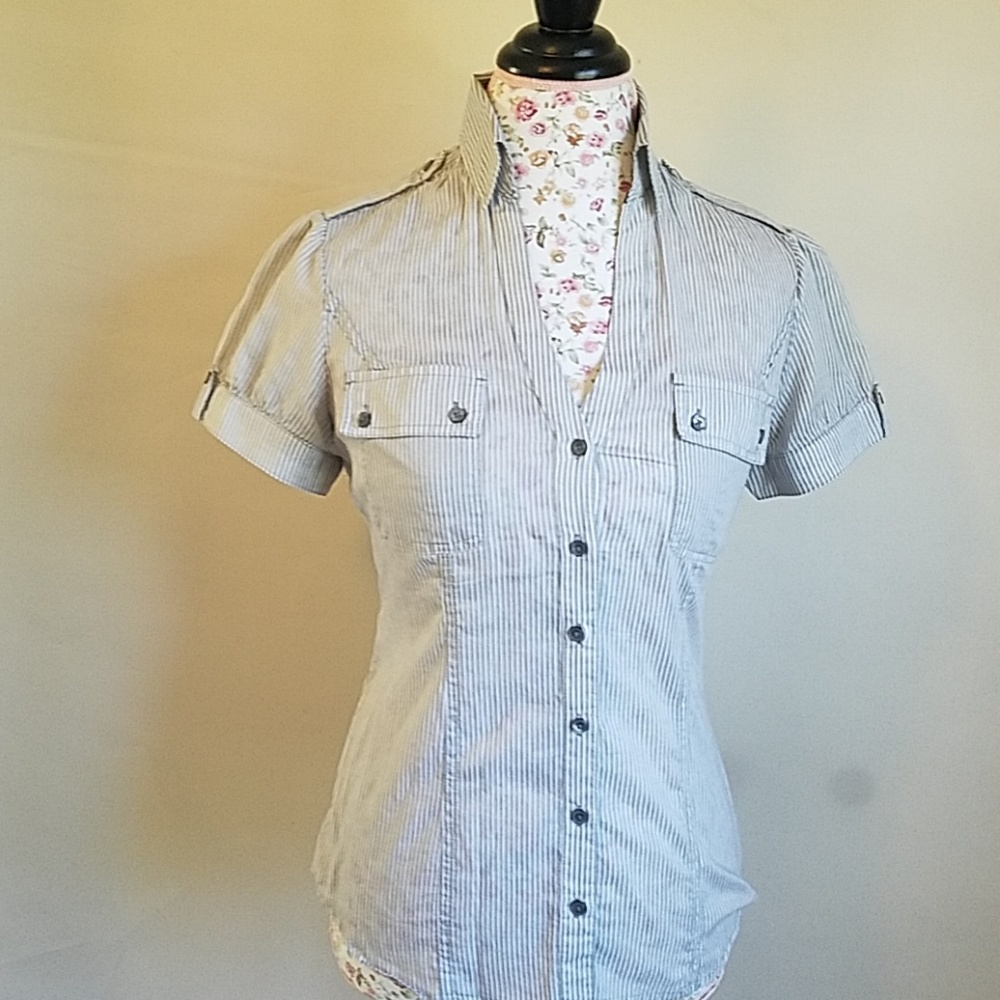 Expressoe sign studio Women’s top/blouse,short sleeves,white / gray pinstriped M - Picture 2 of 12